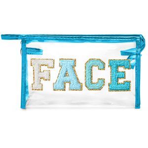 Clear Face Makeup Bag - Preppy Blue Face Chenille Varsity Letter Cosmetic Bag🙂